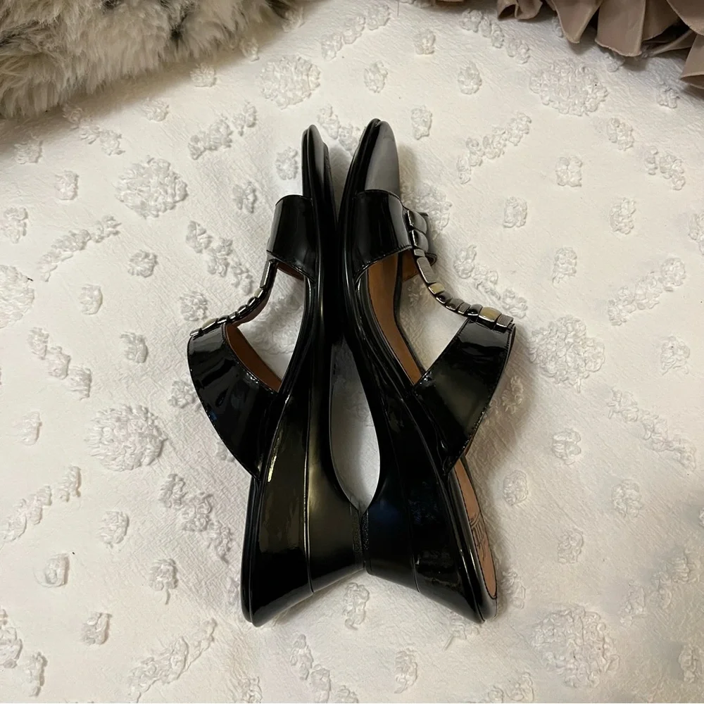 Sofft Wedge Black Spatenstich Leather Slide Slip On Open Toe Mule Sandals Sz 7N